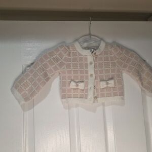 Toddler/Girls (12 Months) Pink and Cream w/Gold Threading Plaid KnitCardigan